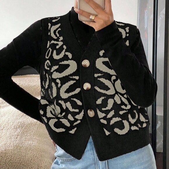 Multicolor Casual Women's Single Breasted V-Neck Leopard Print Knit sweater Vest - Picture 1 of 6